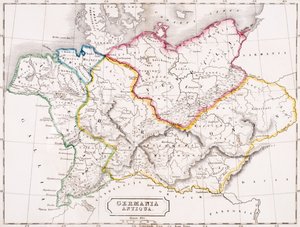 Mapa Německa, Germania Antiqua, z „Atlasu starověké geografie“, od Samuela Butlera, vydané v Londýně, kolem roku 1829